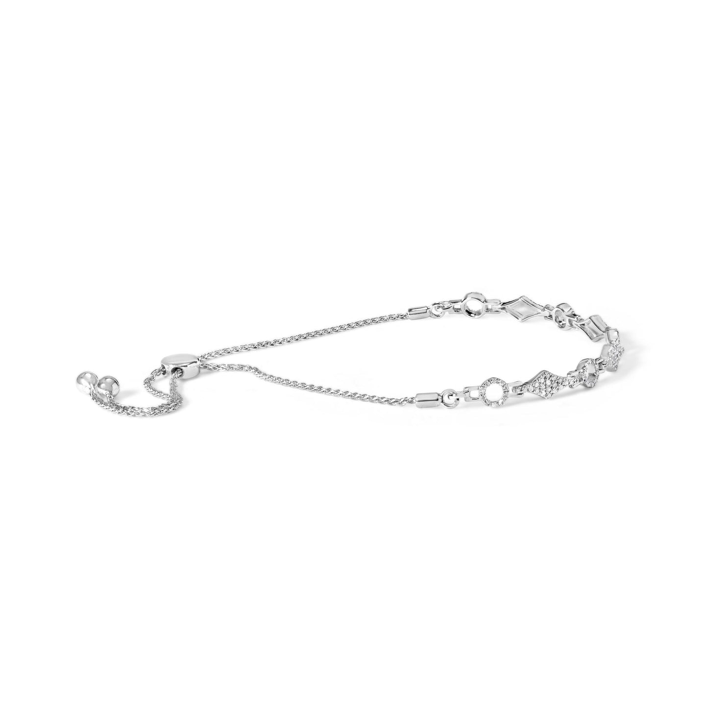 White metal bracelet with round white gemstones in prong settings, shown from a side angle on a white background.