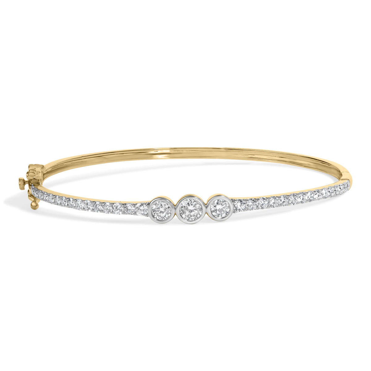 Yellow metal bracelet with a row of white gemstones along the top band and three larger white gemstones in the center, shown in a front-facing angle on a white background.