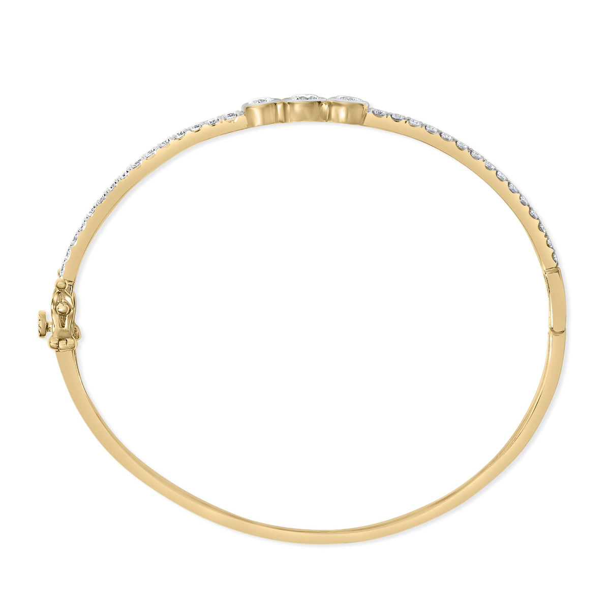 Close-up front angle of a yellow bracelet with multiple small white gemstones set along its band and five larger gemstones near the center, shown on a white background.