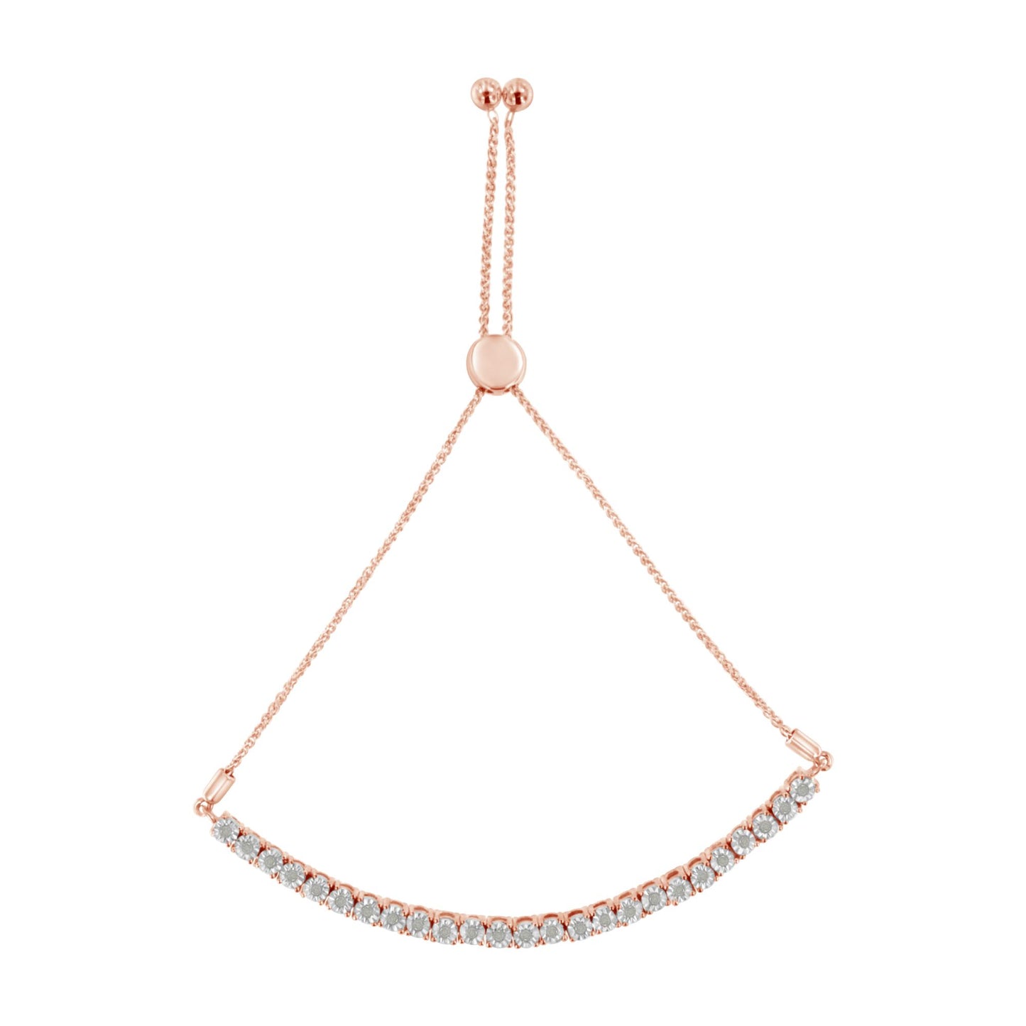 Rose-colored bracelet with a curved row of round white gemstones in miracle setting, shown from a top-down angle.