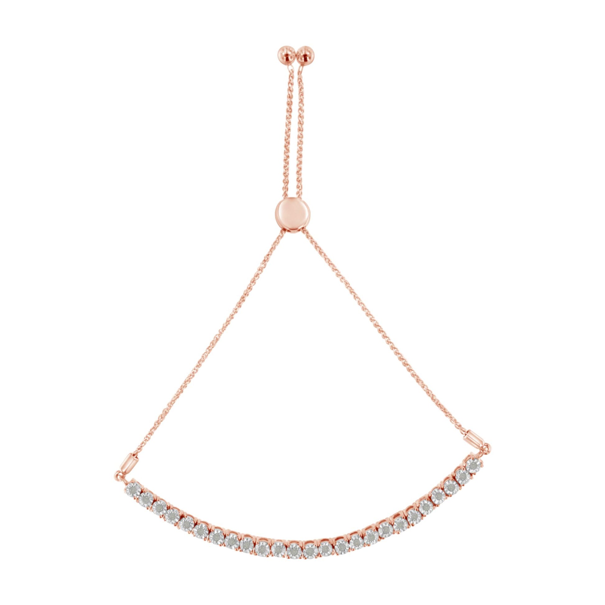 Rose-colored bracelet with a curved row of round white gemstones in miracle setting, shown from a top-down angle.