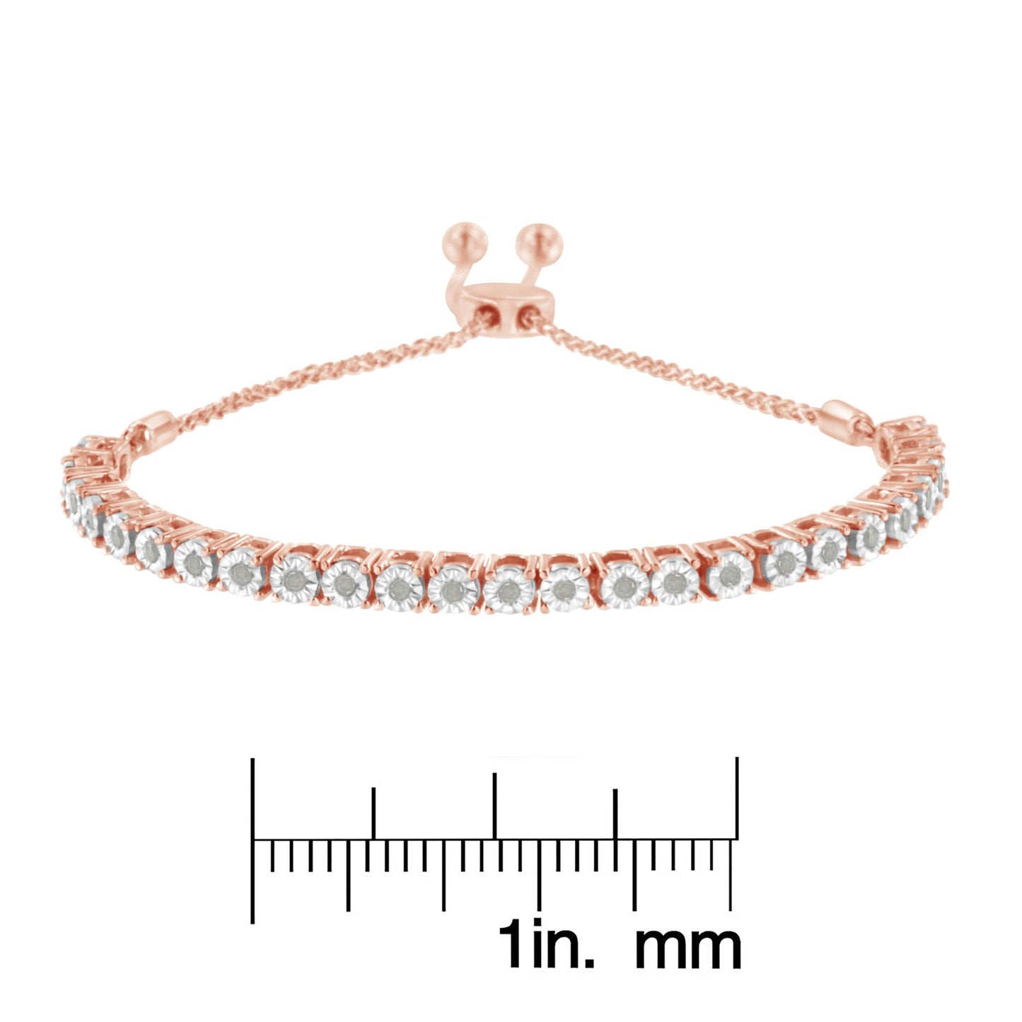 Rose metal bracelet with round white gemstones in miracle setting, shown from front angle on a ruler for size reference.