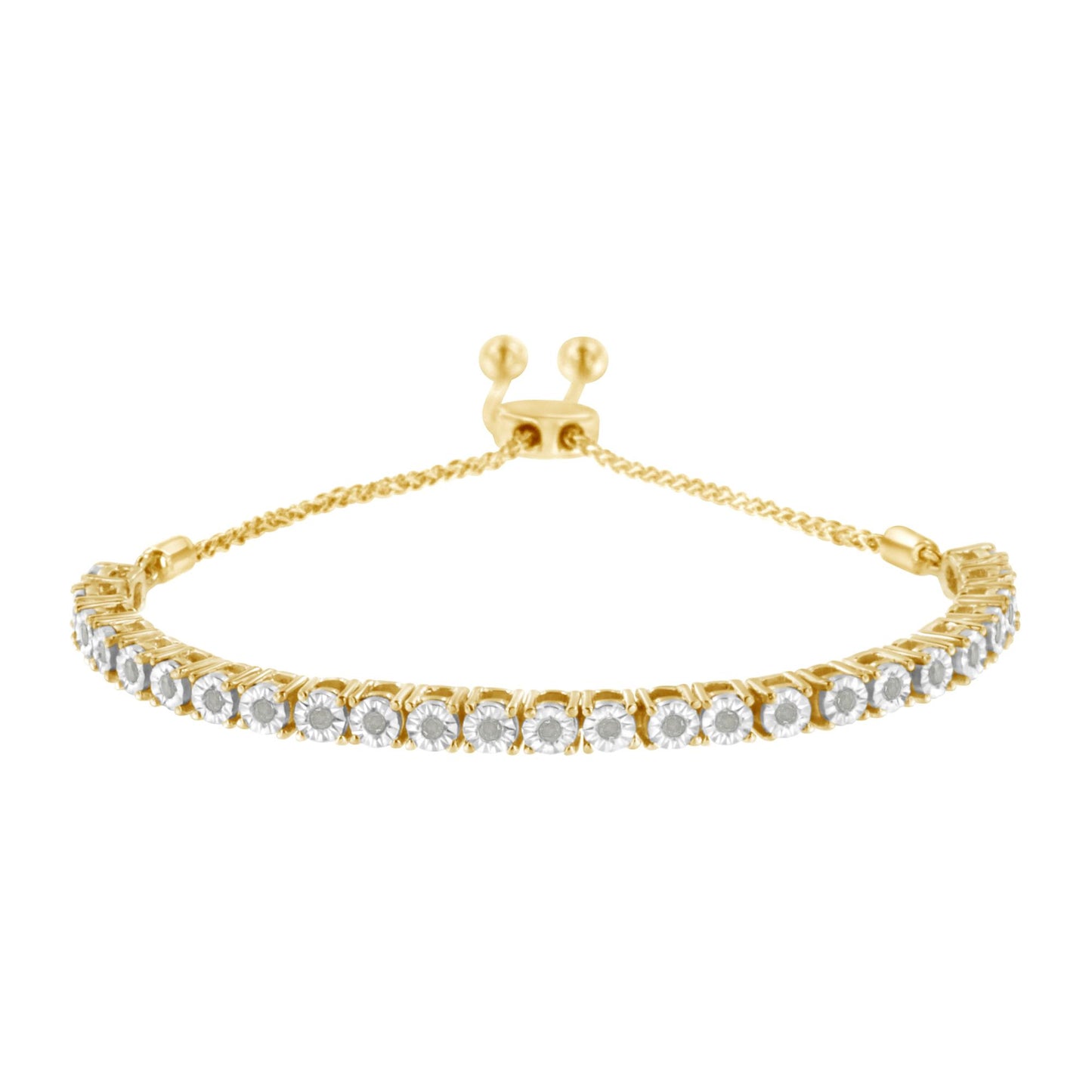 Yellow metal bracelet with a row of white round gemstones in miracle settings, photographed from the front at a slight downward angle.