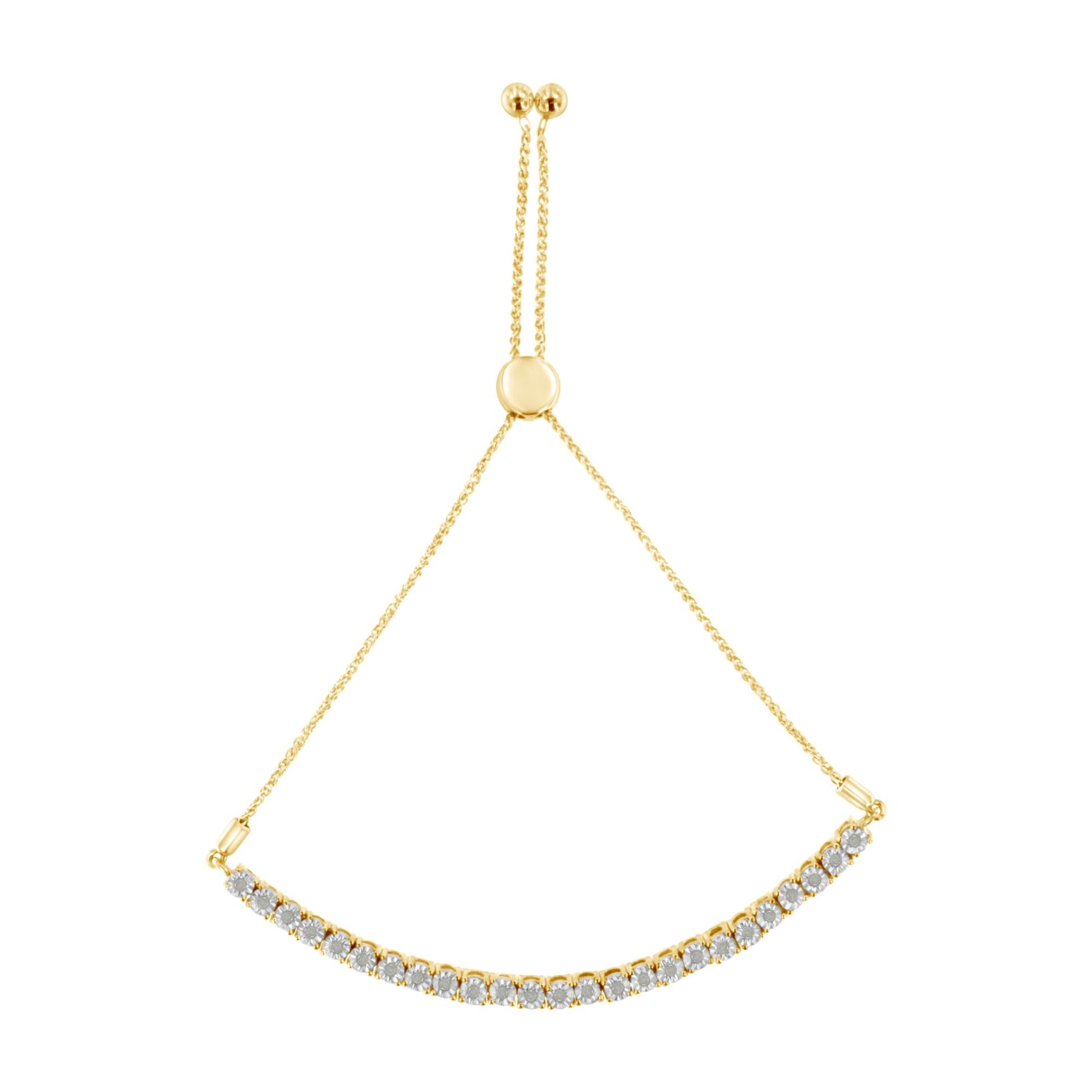 Yellow metal bracelet with a curved row of round white gemstones in miracle setting, adjustable chain shown from the front angle.