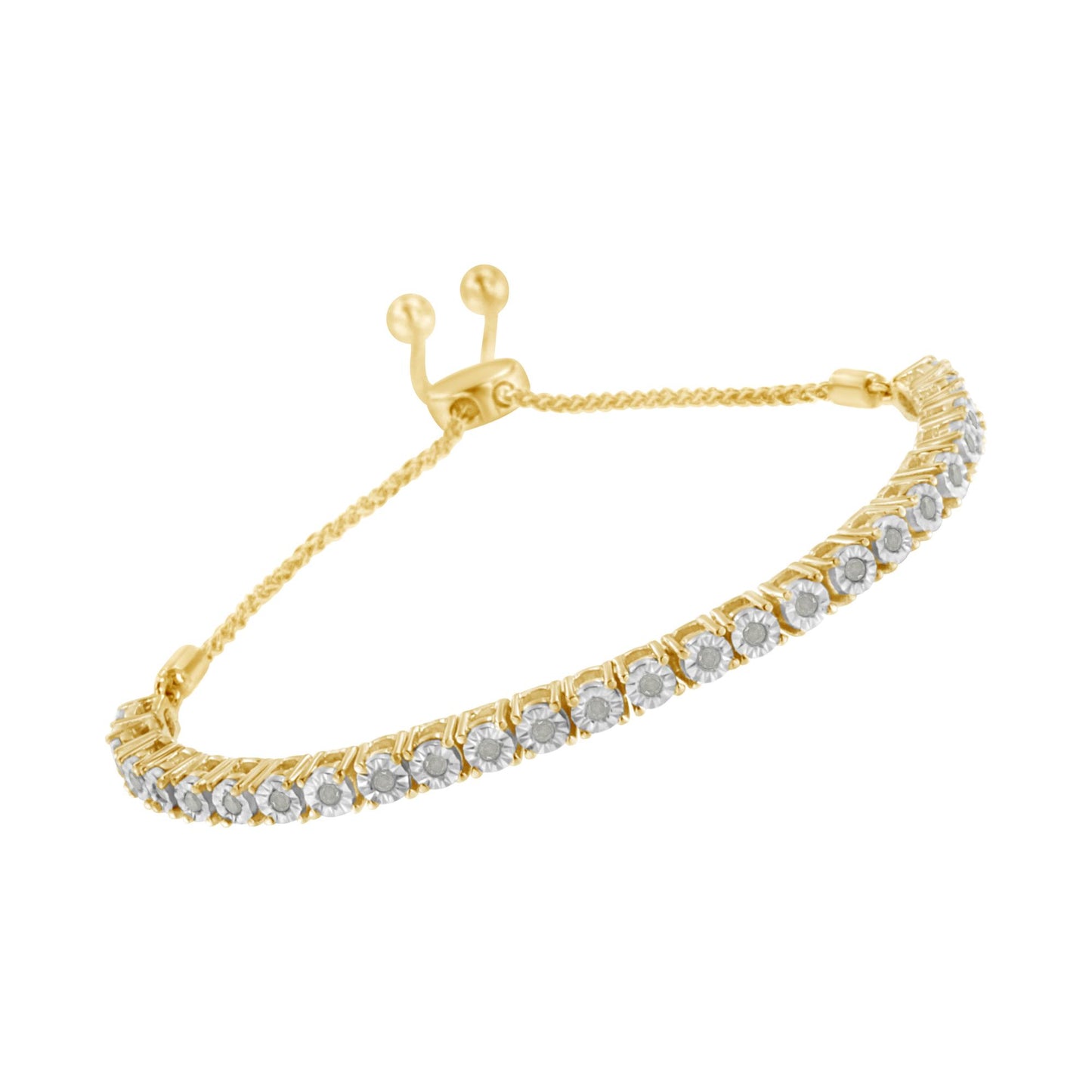 Yellow metal bracelet with round white gemstones in miracle setting, shown from a slightly angled top view.
