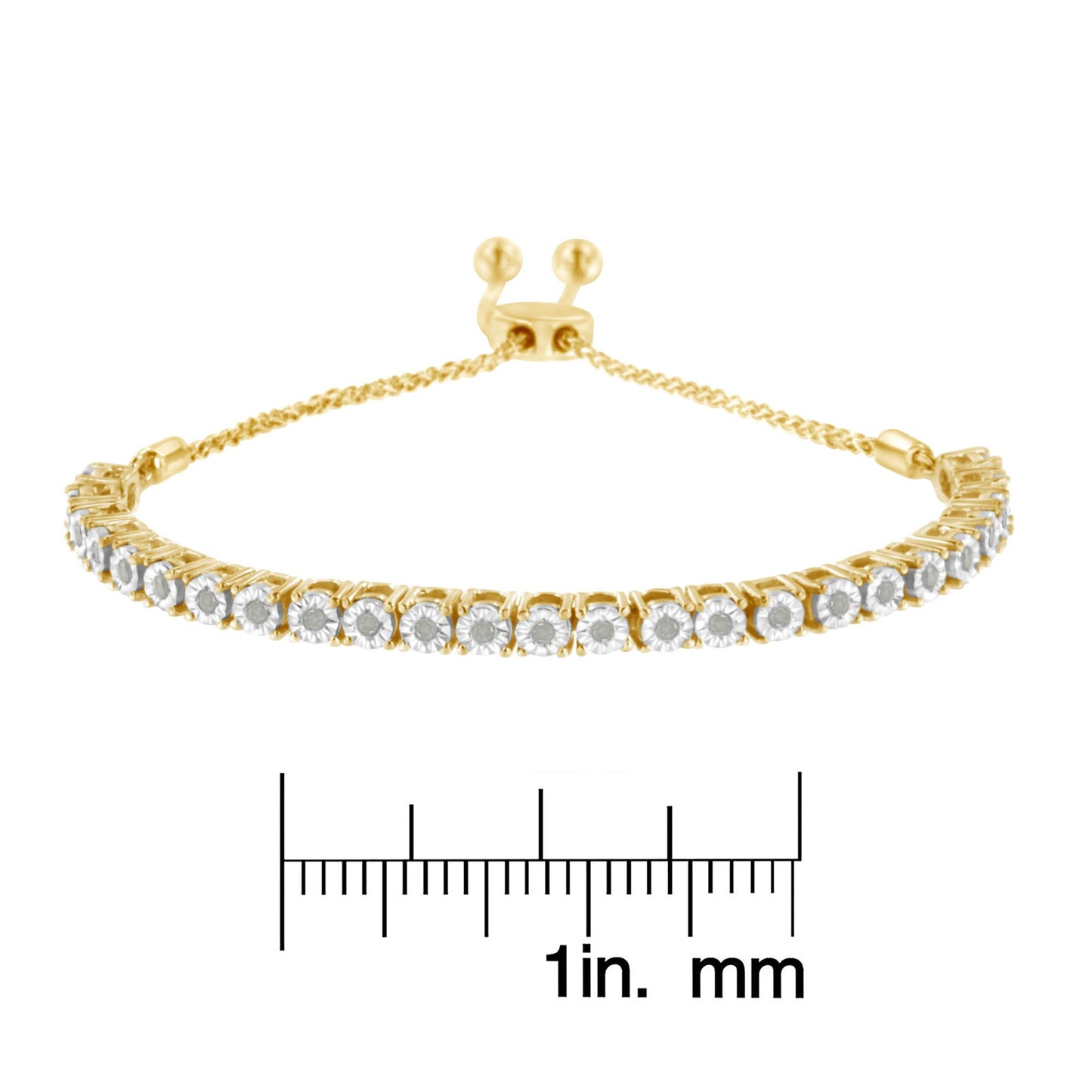 Yellow bracelet with a row of round white gemstones in miracle settings, shown from a front angle with a ruler for size reference.