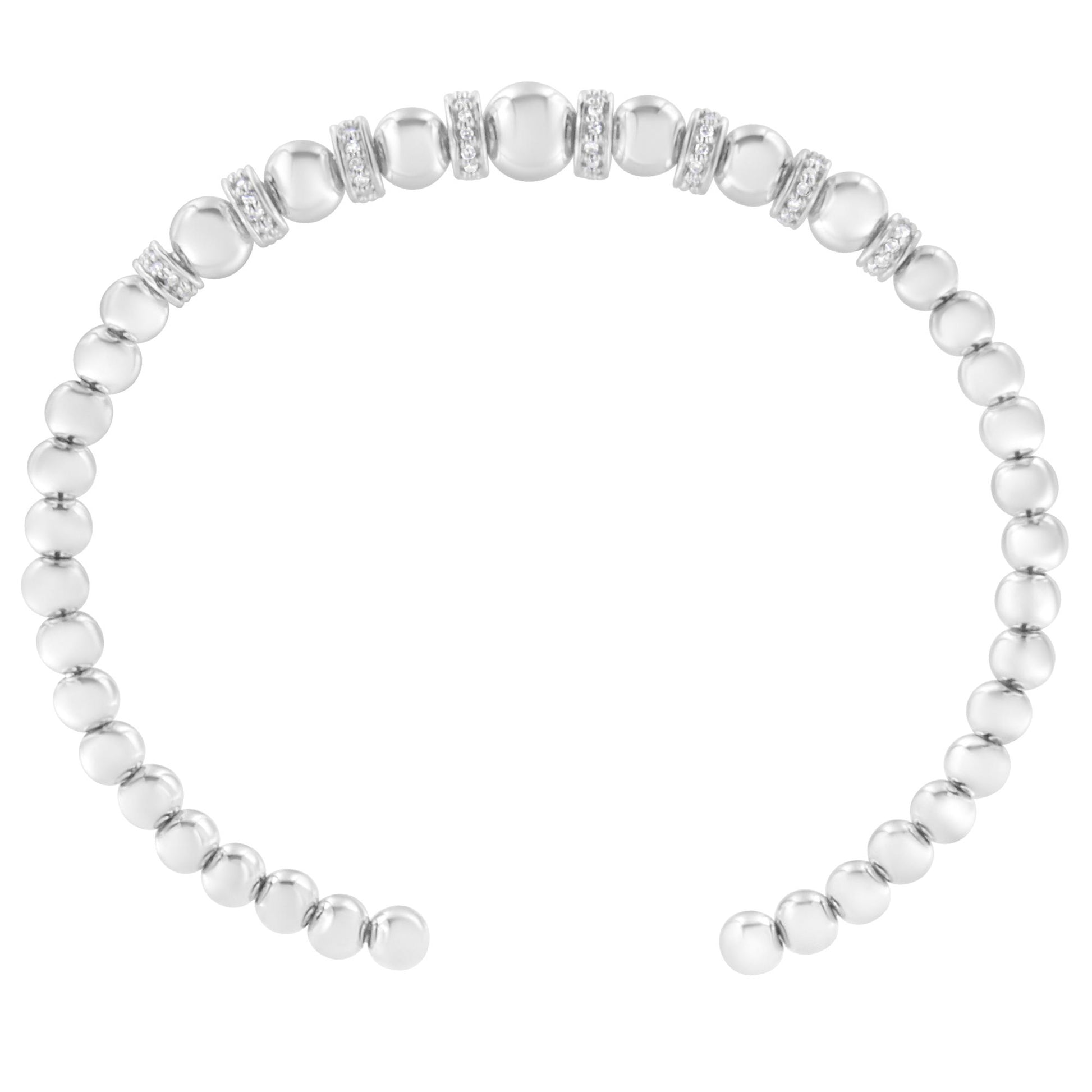White metal bracelet composed of round beads interspersed with larger beads featuring pave-set white round gemstones, shown from a top front angle.
