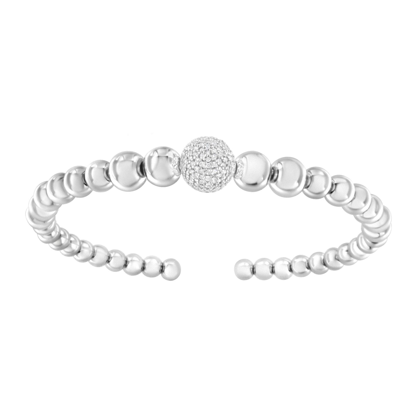 Front-facing view of a white metal bracelet with smooth round beads and a central round bead featuring pave-set white gemstones.