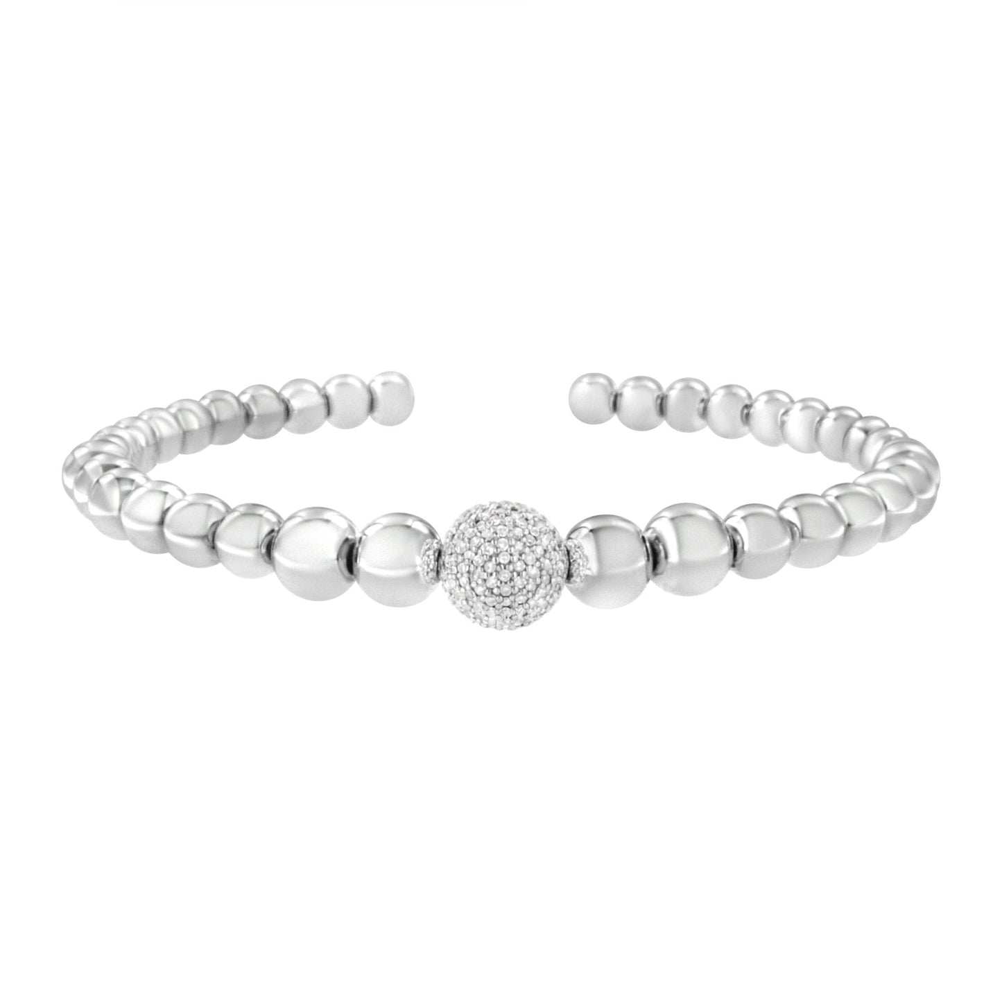 Front-facing image of an open white metal beaded bracelet featuring a central round bead pavé-set with white gemstones.