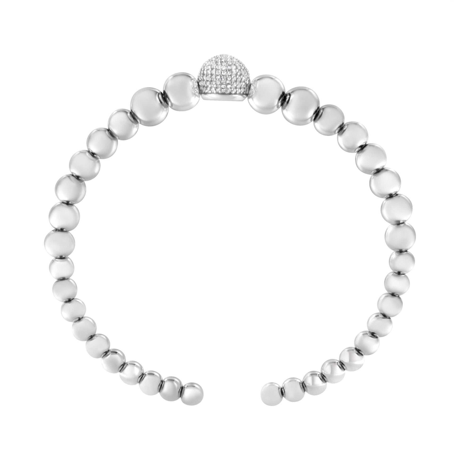 White metal bracelet with round beads and a central pavé setting of white gemstones, shown from a top front angle.