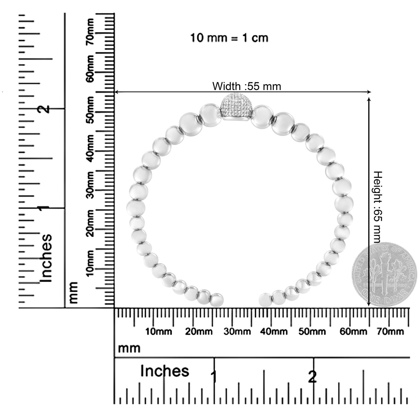 Top-down view of a white metal bracelet with round pave-set white gemstones, displayed on a ruler for size reference.