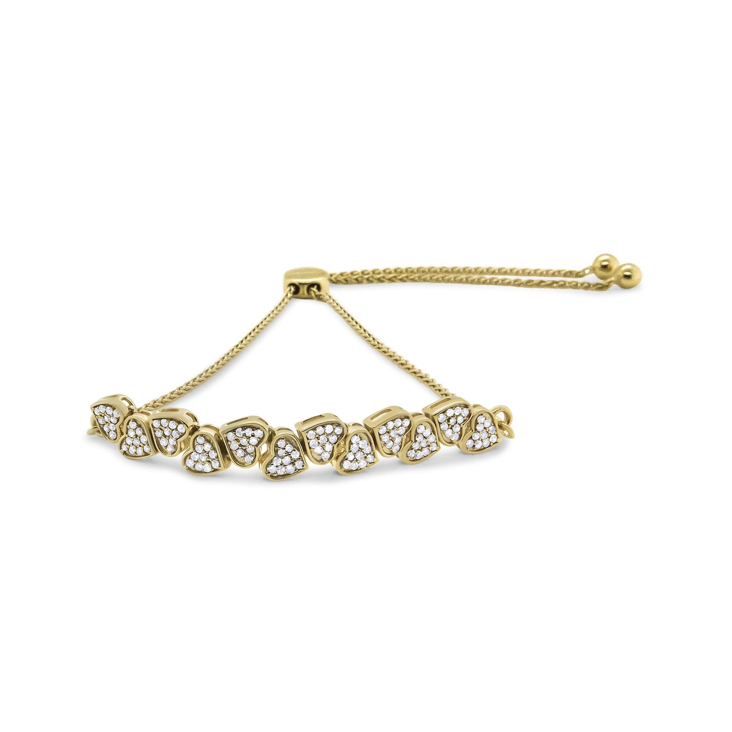 Yellow metal bracelet with heart-shaped links featuring pave set white gemstones, shown from a front angle on a white background.