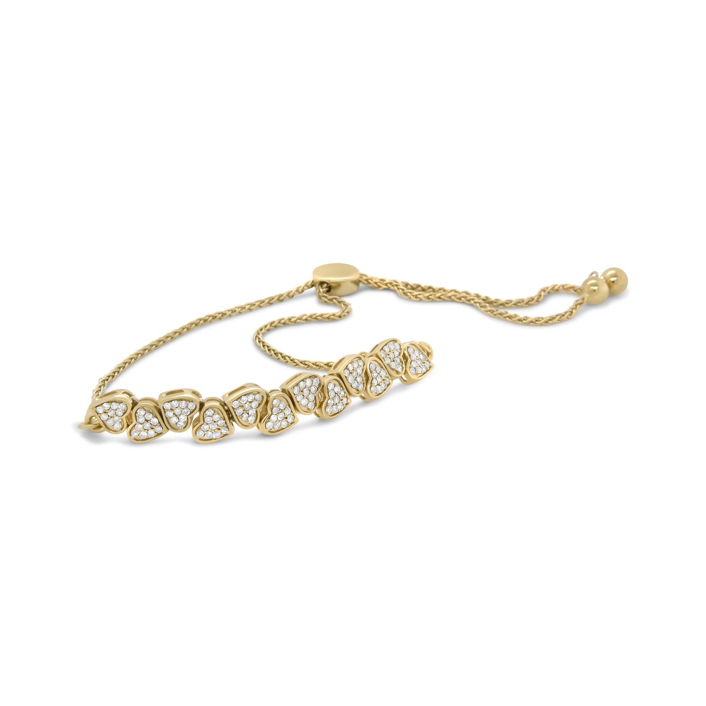 Yellow bracelet with a row of heart-shaped links set with white round gemstones in pave setting, shown in a front angled close-up.