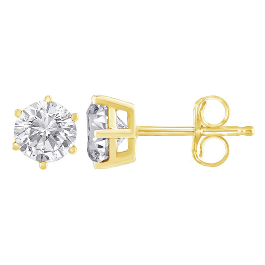 Front and side view of yellow metal stud earrings with round white gemstones in prong settings.