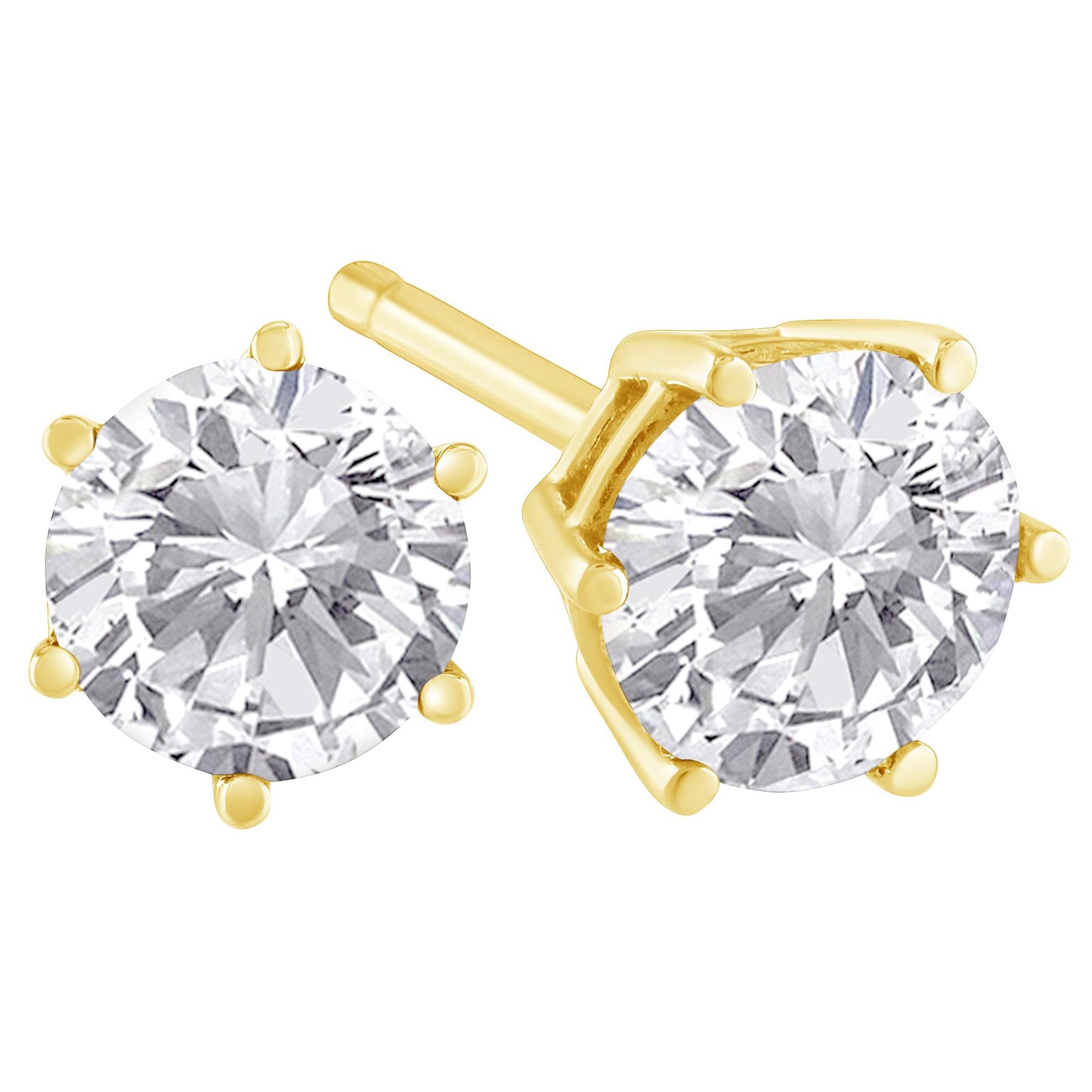 Close-up front and side angle of a pair of yellow metal stud earrings with round white gemstones in prong settings.