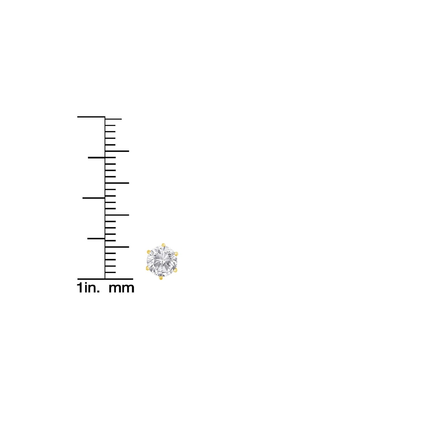 Single yellow metal stud earring with a round white gemstone in prong setting, shown on a scale for size reference, front angle.