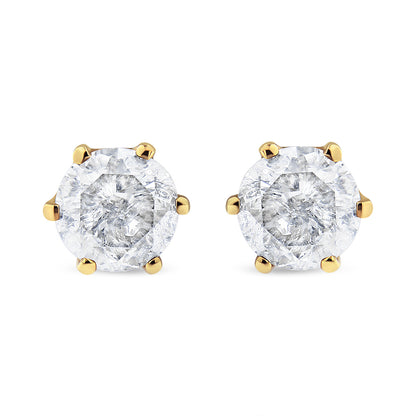 Pair of yellow metal stud earrings with round white gemstones in a six-prong setting, front-facing angle.