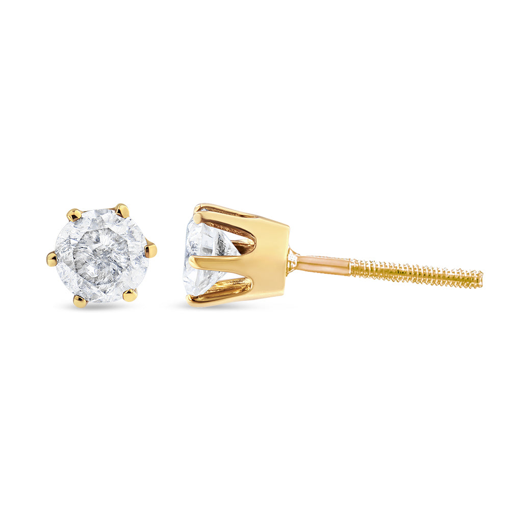 Pair of yellow metal stud earrings with round white gemstones in 6-prong settings, shown from front and side angles.