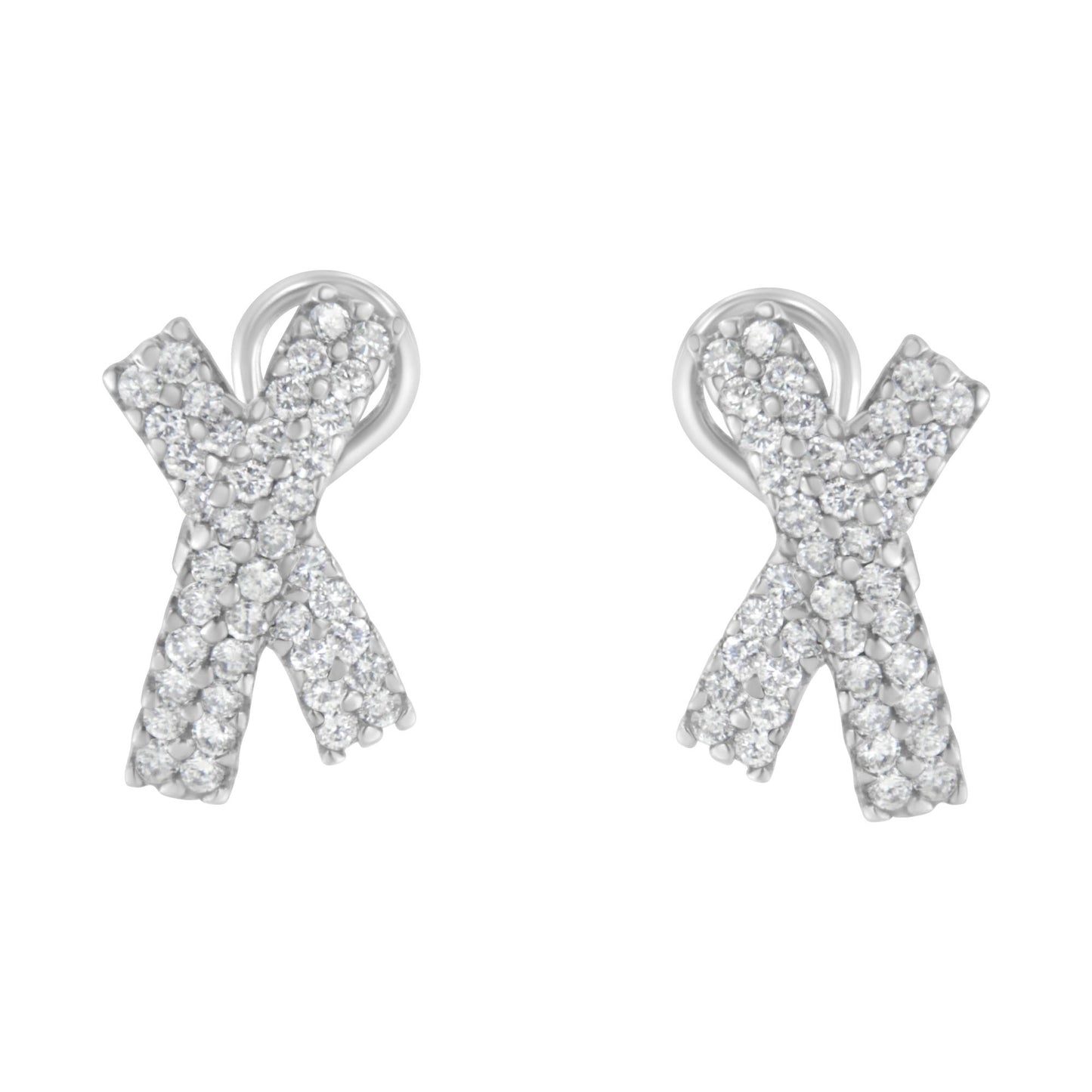 Front view of white metal earrings shaped like an 'X' covered with round white gemstones in prong settings.