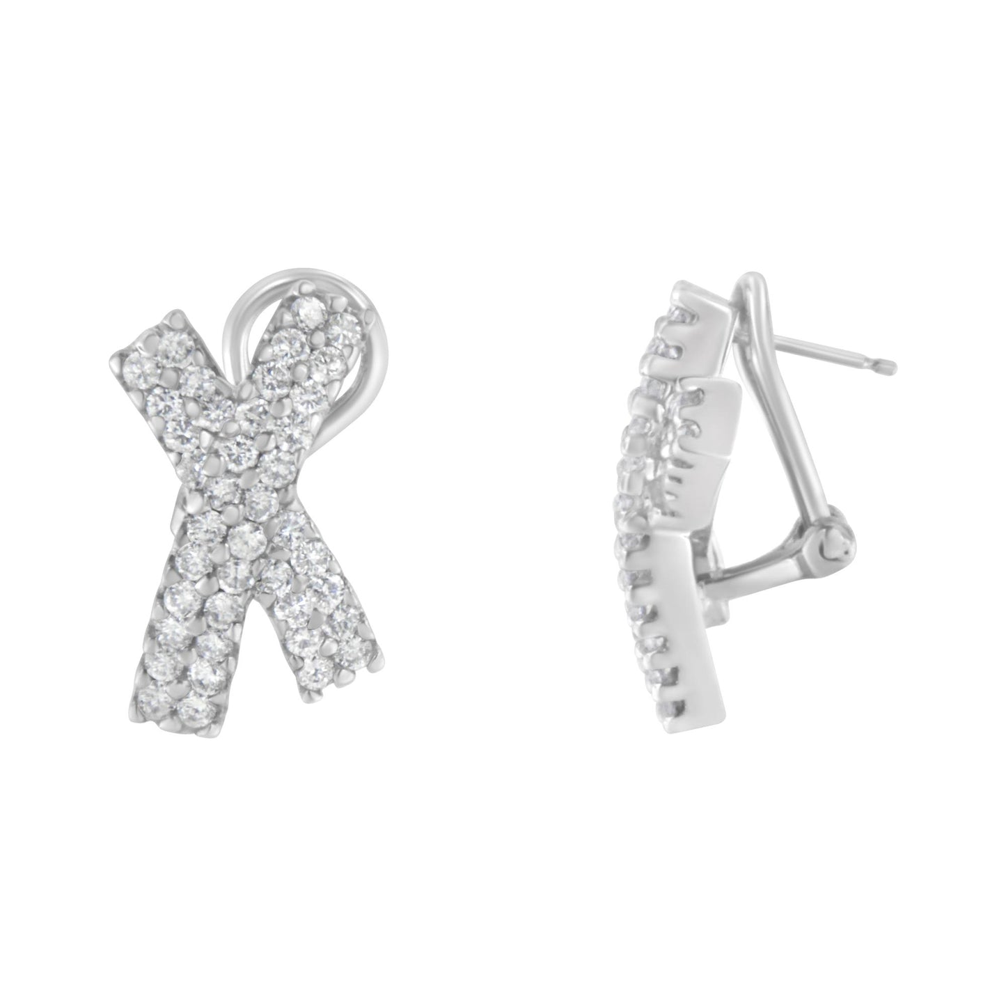 Front and side views of white metal ribbon-shaped earrings with multiple round white gemstones in prong settings, shown against a white background.
