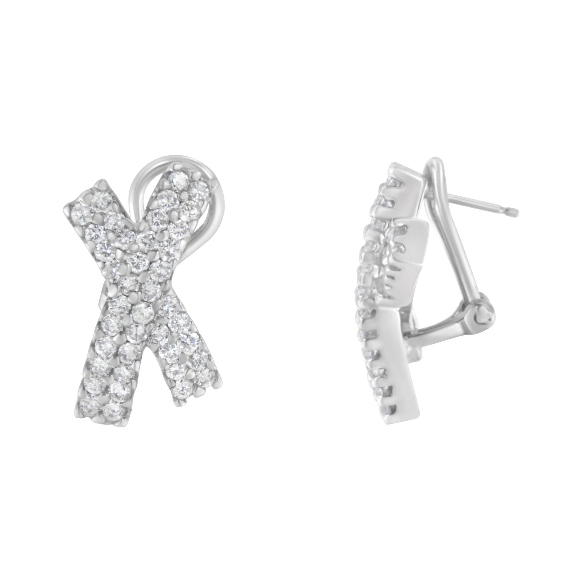Front and side views of white metal ribbon-shaped earrings with multiple round white gemstones in prong settings, shown against a white background.
