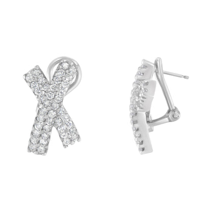 Front and side views of white metal ribbon-shaped earrings with multiple round white gemstones in prong settings, shown against a white background.