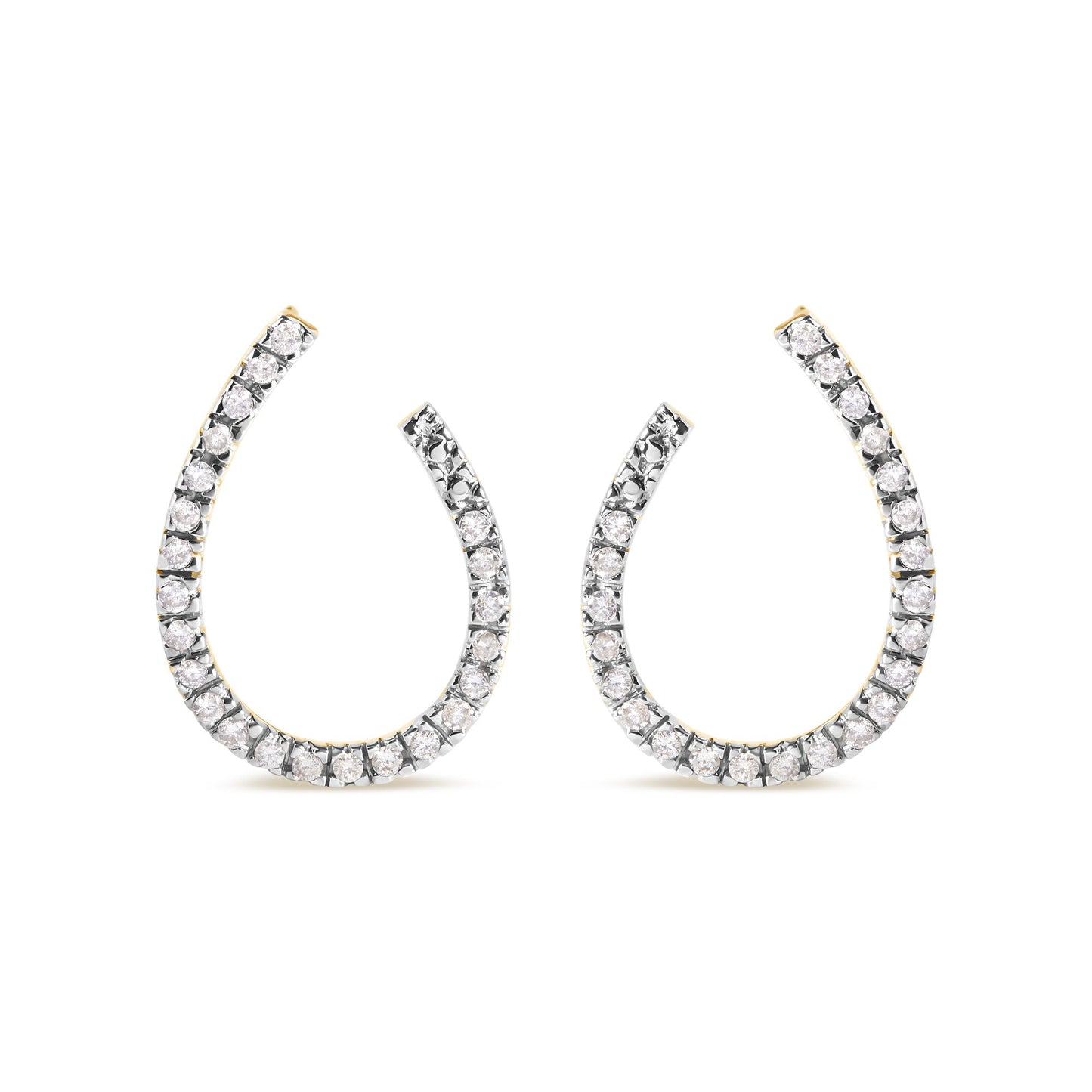 Pair of yellow metal hoop earrings set with round white gemstones in prong settings, shown from the front on a white background.