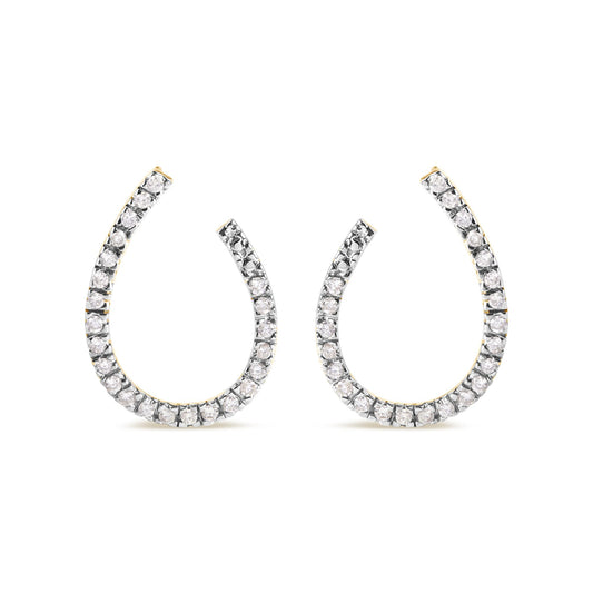 Pair of yellow metal hoop earrings set with round white gemstones in prong settings, shown from the front on a white background.