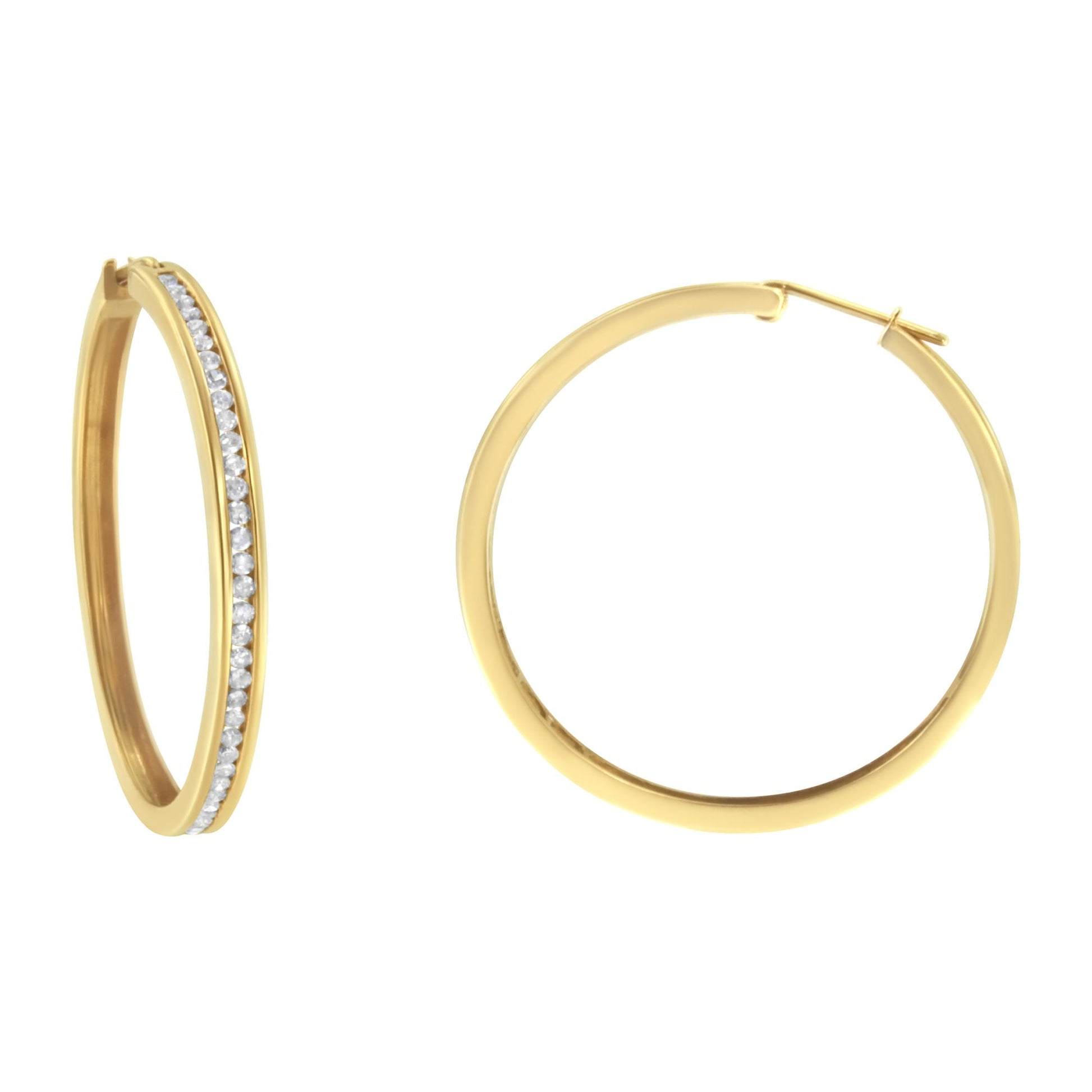 Pair of yellow hoop earrings, one shown from front angle with a channel of white round gemstones, the other shown from top angle without gemstones.