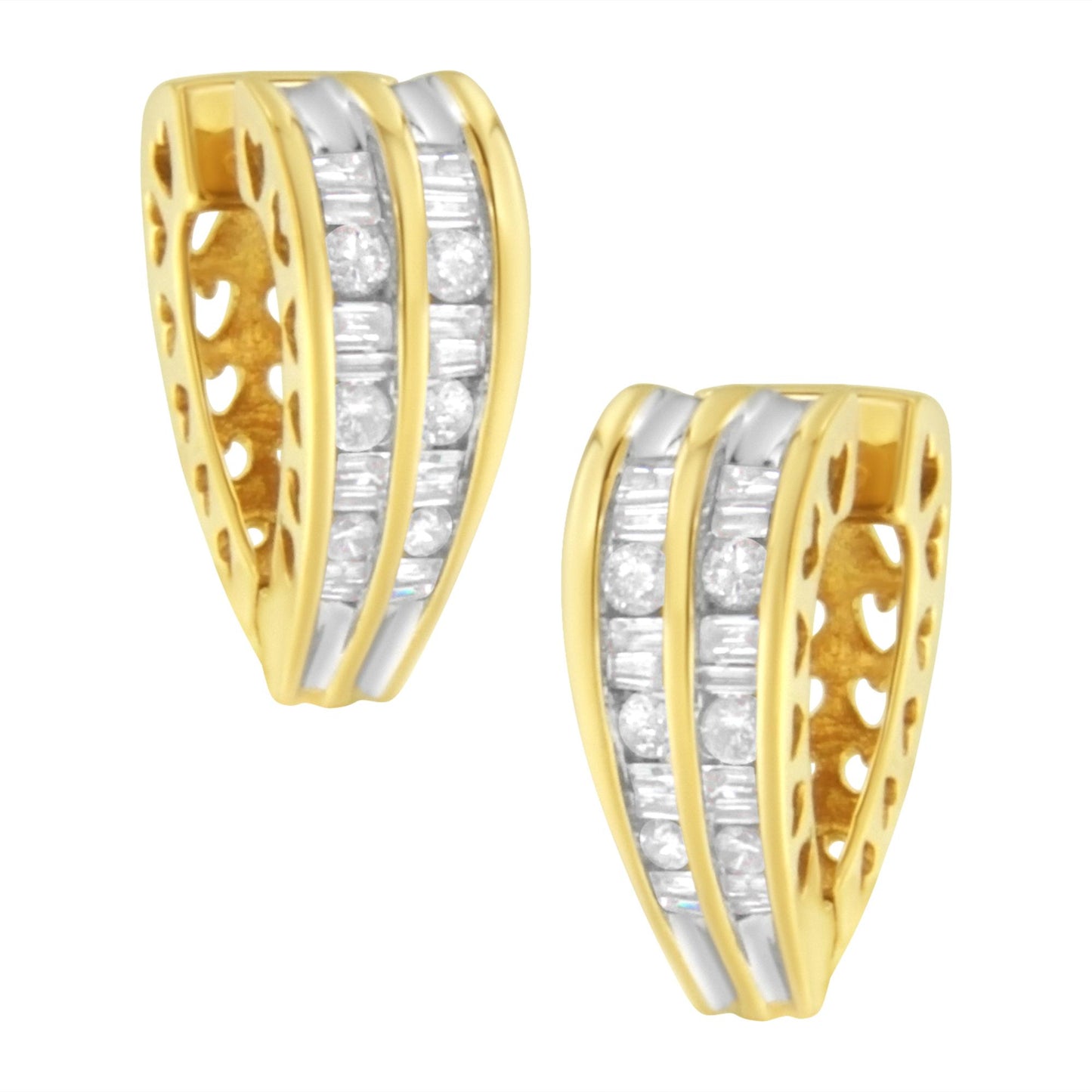 Pair of yellow metal earrings with channel-set white round and baguette-shaped gemstones, shown from a front angled view.