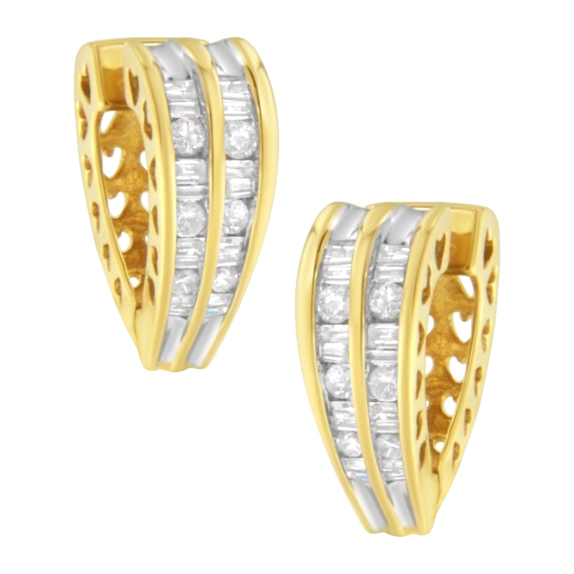 Pair of yellow metal earrings with channel-set white round and baguette-shaped gemstones, shown from a front angled view.