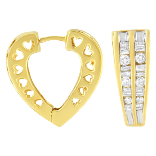 Pair of yellow earrings shown from front and side angles; one earring shaped like a heart with heart-shaped cutouts, the other featuring two rows of channel-set white round and baguette gemstones.
