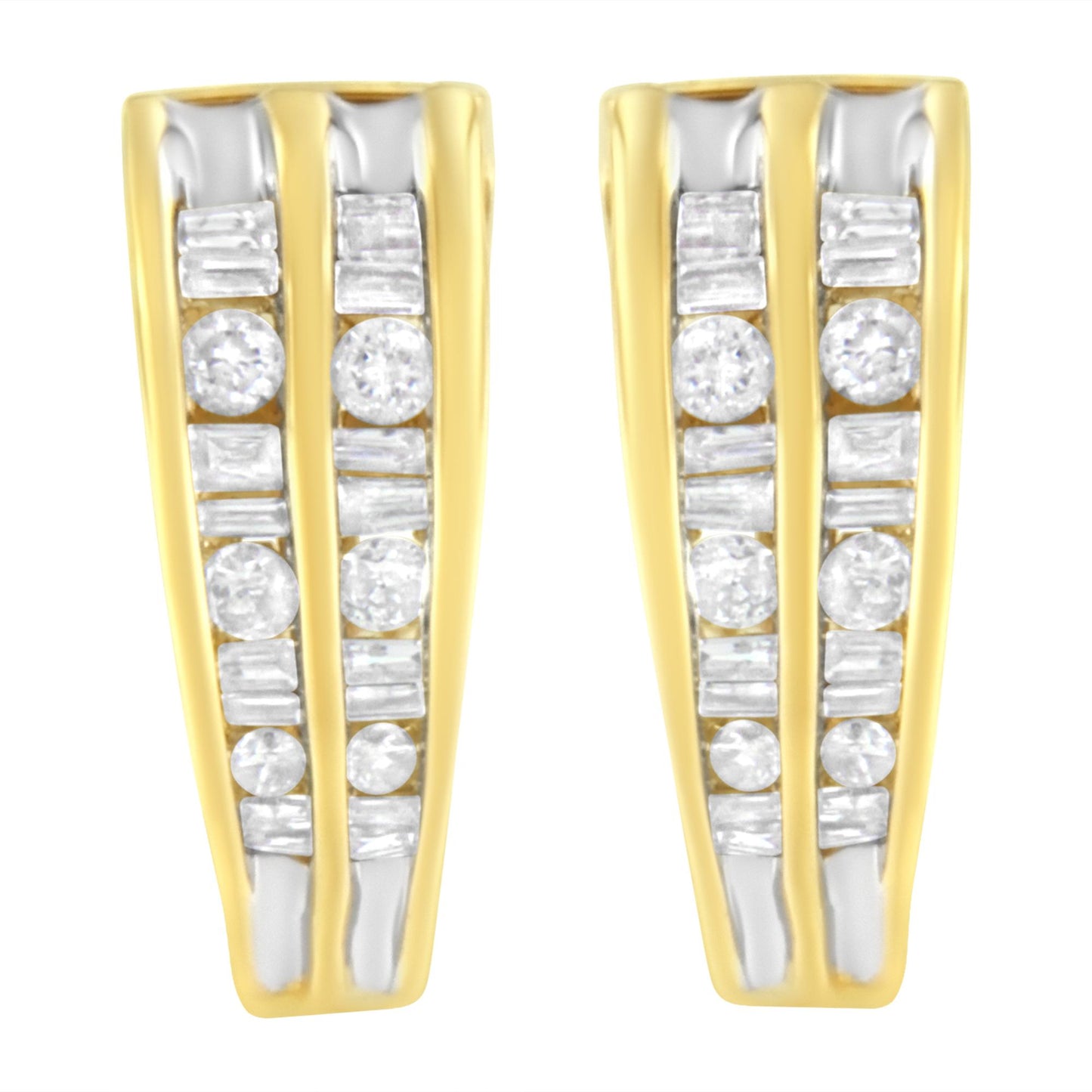 Front-facing close-up of a pair of yellow metal earrings featuring channel-set white round and baguette gemstones.