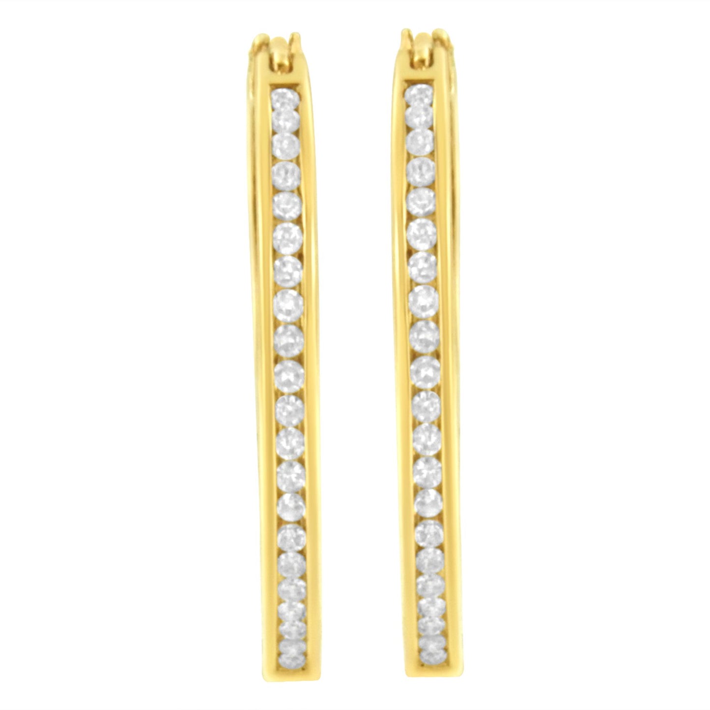Front view of a pair of yellow metal earrings with a vertical row of round white gemstones in channel settings.