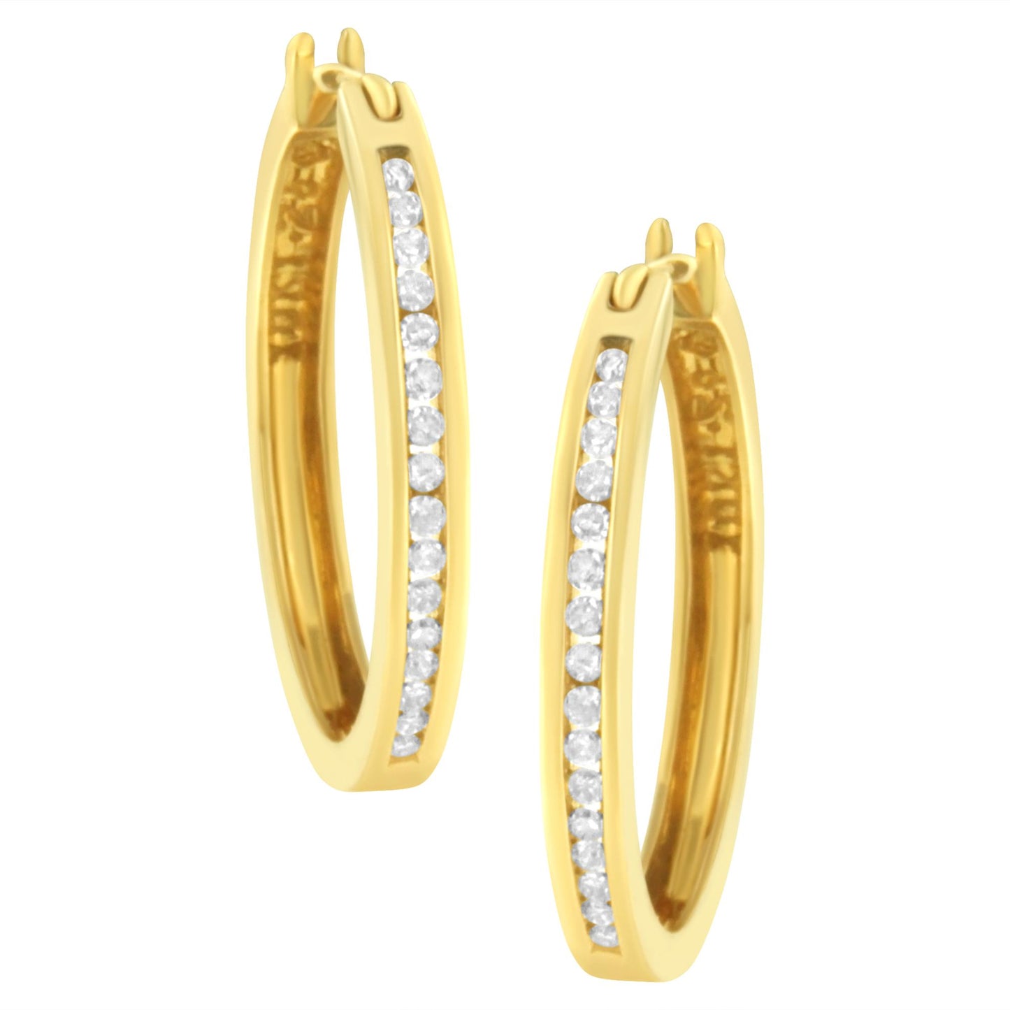 Pair of yellow metal hoop earrings with white round gemstones in channel setting, shown from a front angled view.