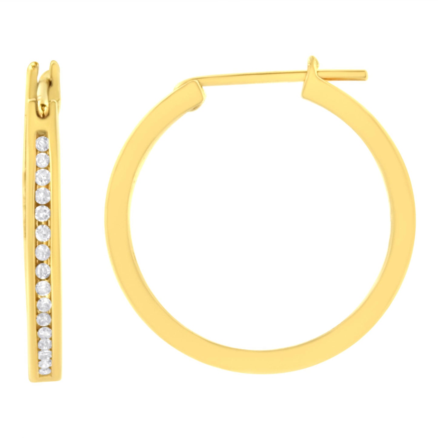 Front and side view of yellow hoop earrings with round white gemstones set in a channel along the front edge, photographed against a white background.