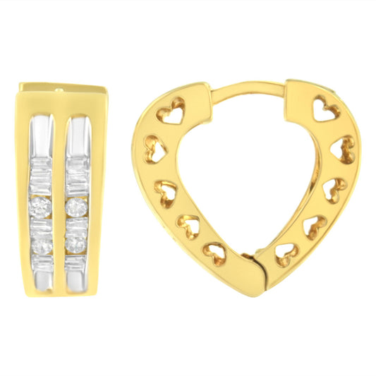 Yellow metal heart-shaped hinged earrings with cut-out hearts shown from front and side angles, featuring channel-set white round and baguette gemstones.