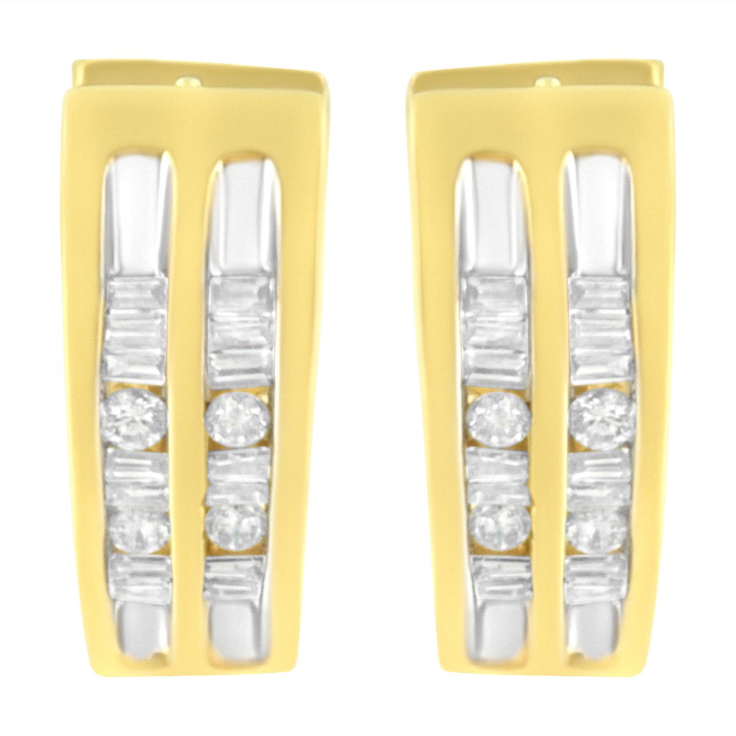 Front-facing shot of a pair of yellow metal earrings with channel-set white round and baguette-shaped gemstones arranged vertically.