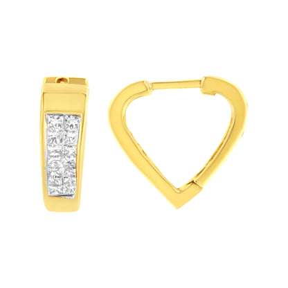 Pair of yellow metal earrings with a heart-shaped hoop design, one earring shown from the front displaying a rectangular section set with square white gemstones, and the other shown from the side.