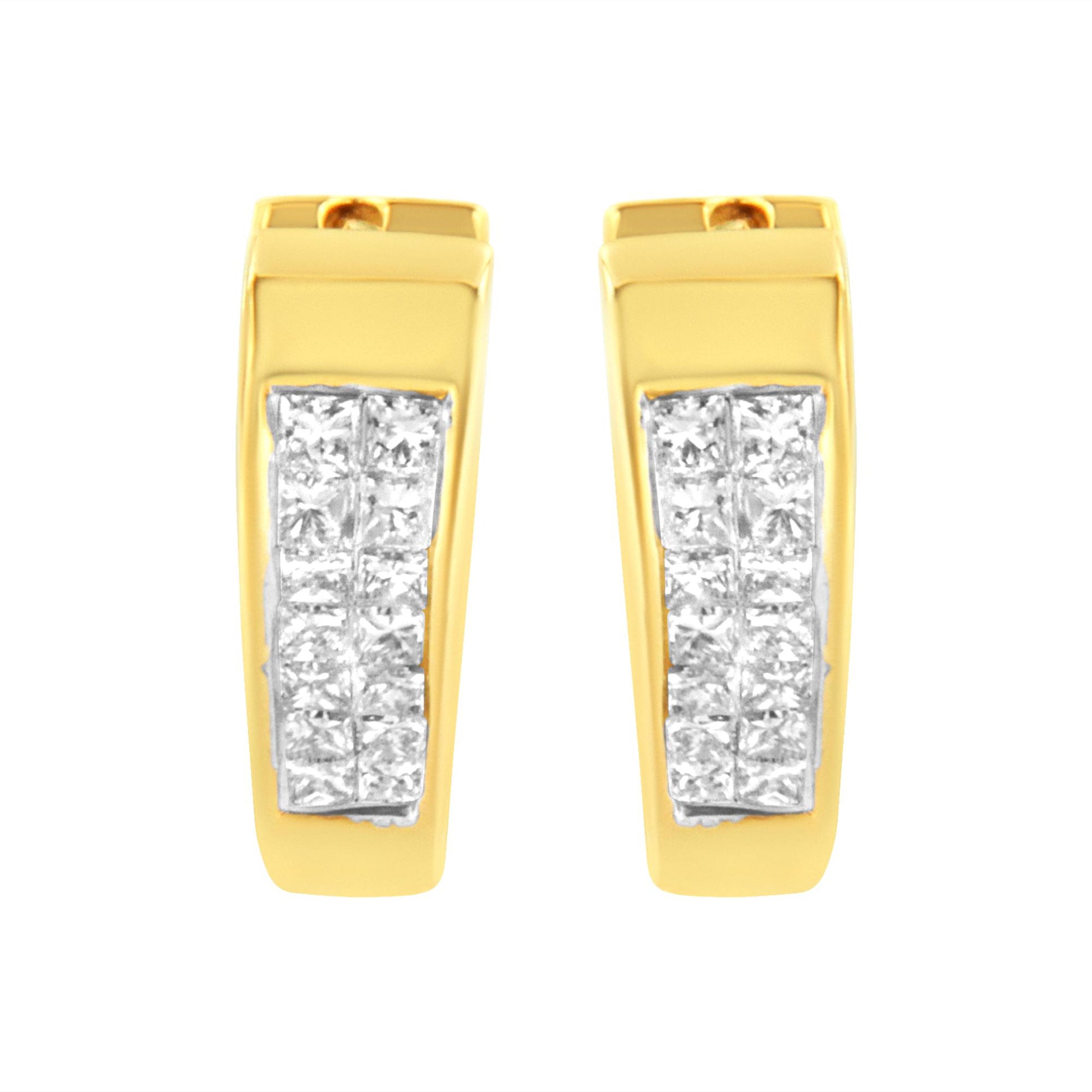 Front view of yellow metal earrings featuring a row of white princess-shaped gemstones in an invisible setting.