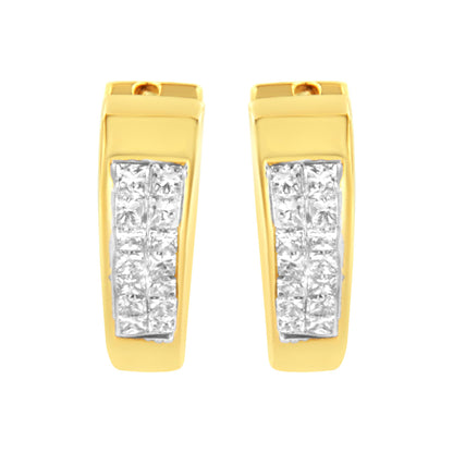 Front view of yellow metal earrings featuring a row of white princess-shaped gemstones in an invisible setting.