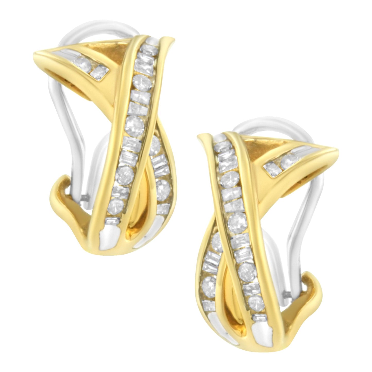 Pair of yellow metal earrings with alternating round and baguette white gemstones in channel settings, shown in a front angled view.