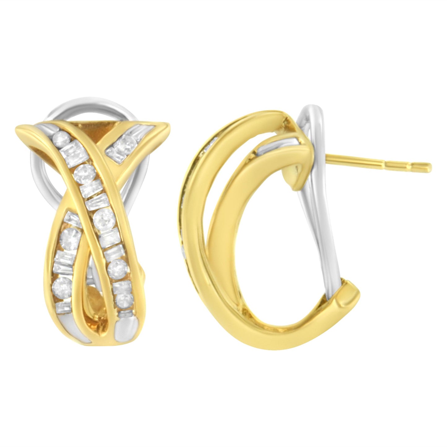Pair of yellow metal earrings with curved overlapping bands featuring channel-set white round and baguette gemstones, shown from front and side angles.