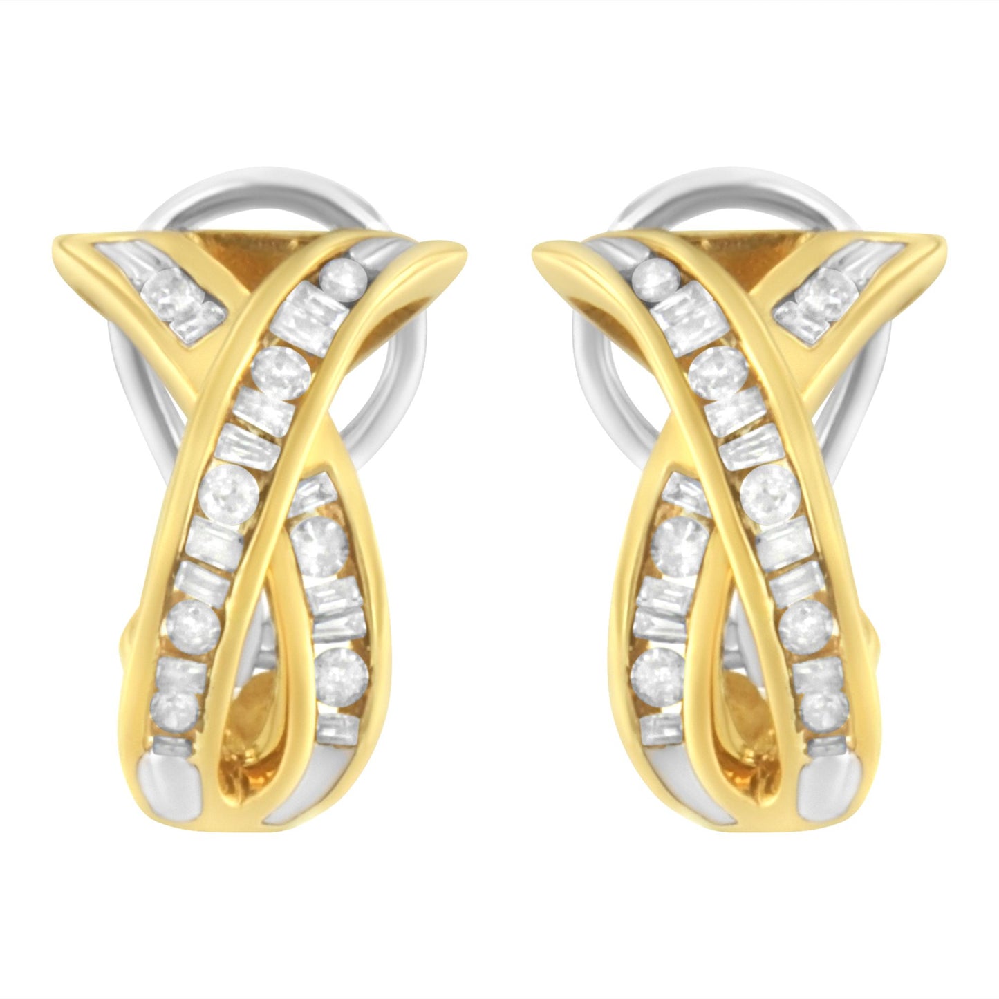 Front view of a pair of yellow metal twisted earrings with round and baguette white gemstones in channel settings.