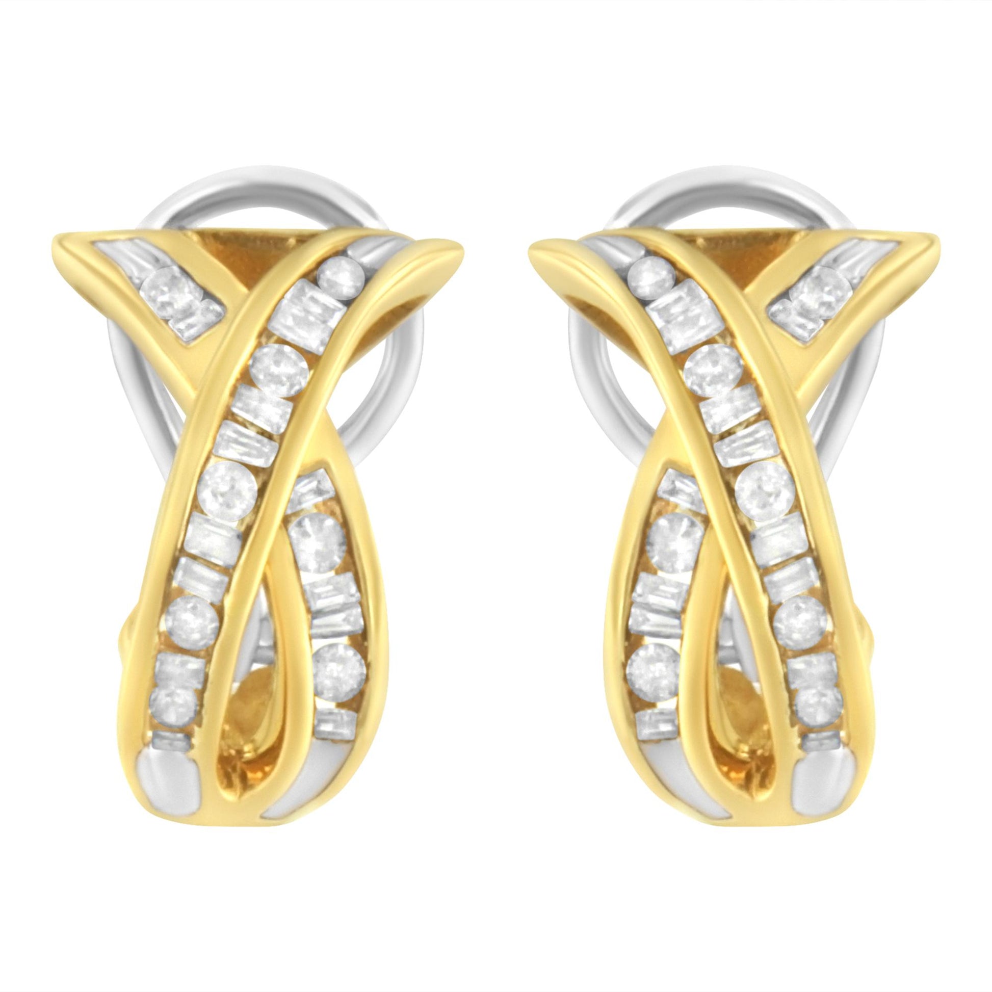 Front view of a pair of yellow metal twisted earrings with round and baguette white gemstones in channel settings.