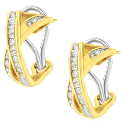 Pair of yellow metal earrings with an intertwined design featuring channel-set white round and baguette gemstones, shown from a front angle.