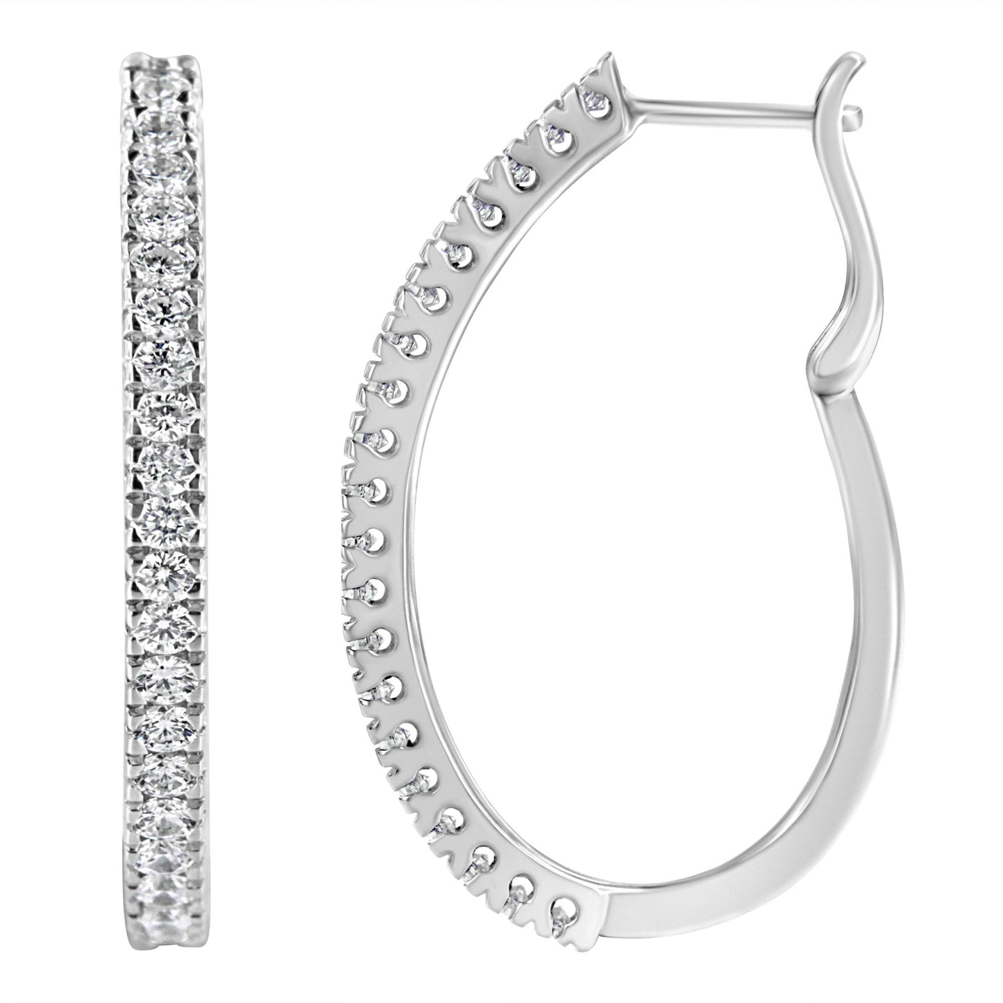 Close-up front and side views of white metal hoop earrings with round white gemstones in pave setting.