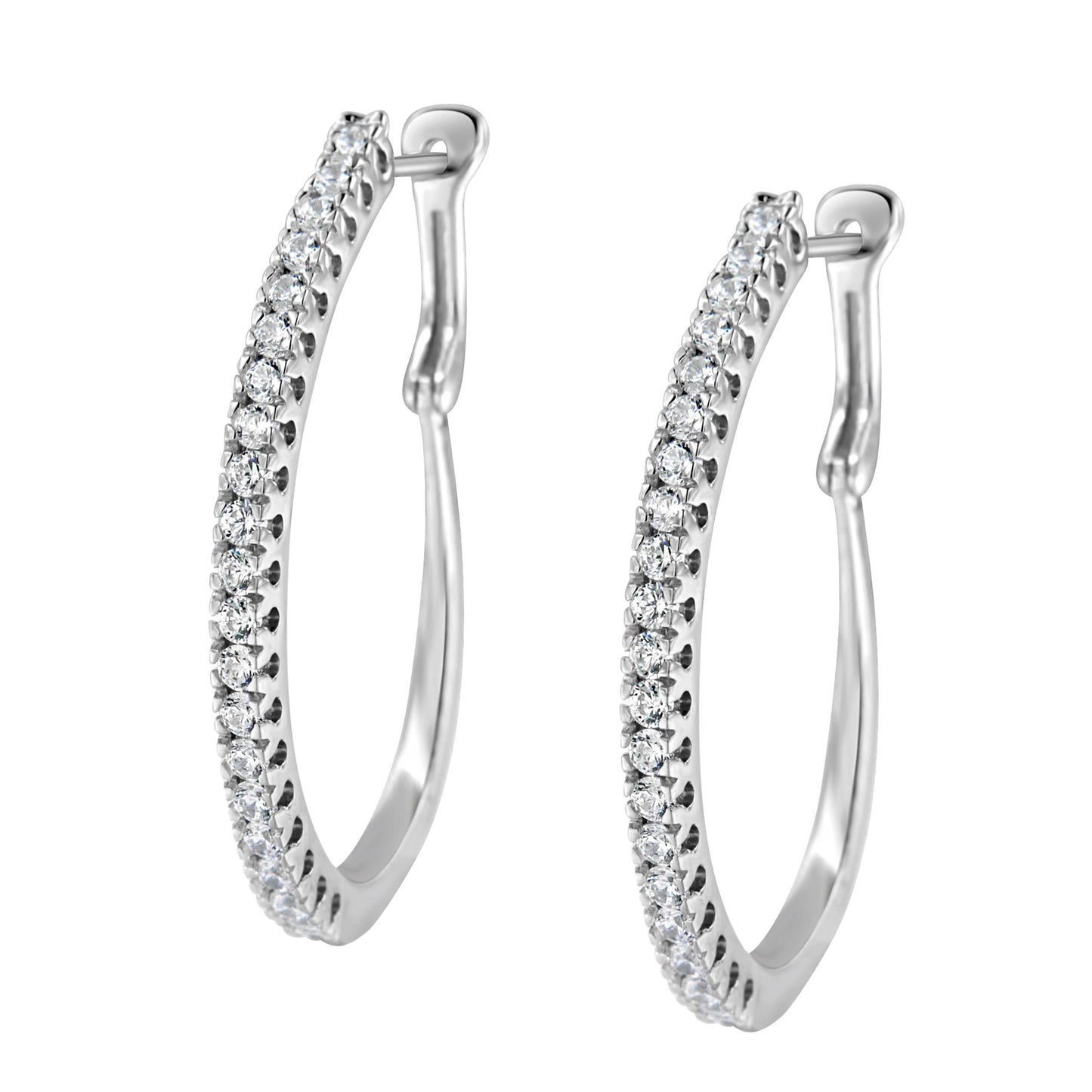 Pair of white metal earrings in a partial hoop shape, set with round white gemstones in a pave setting, shown from a front angle.