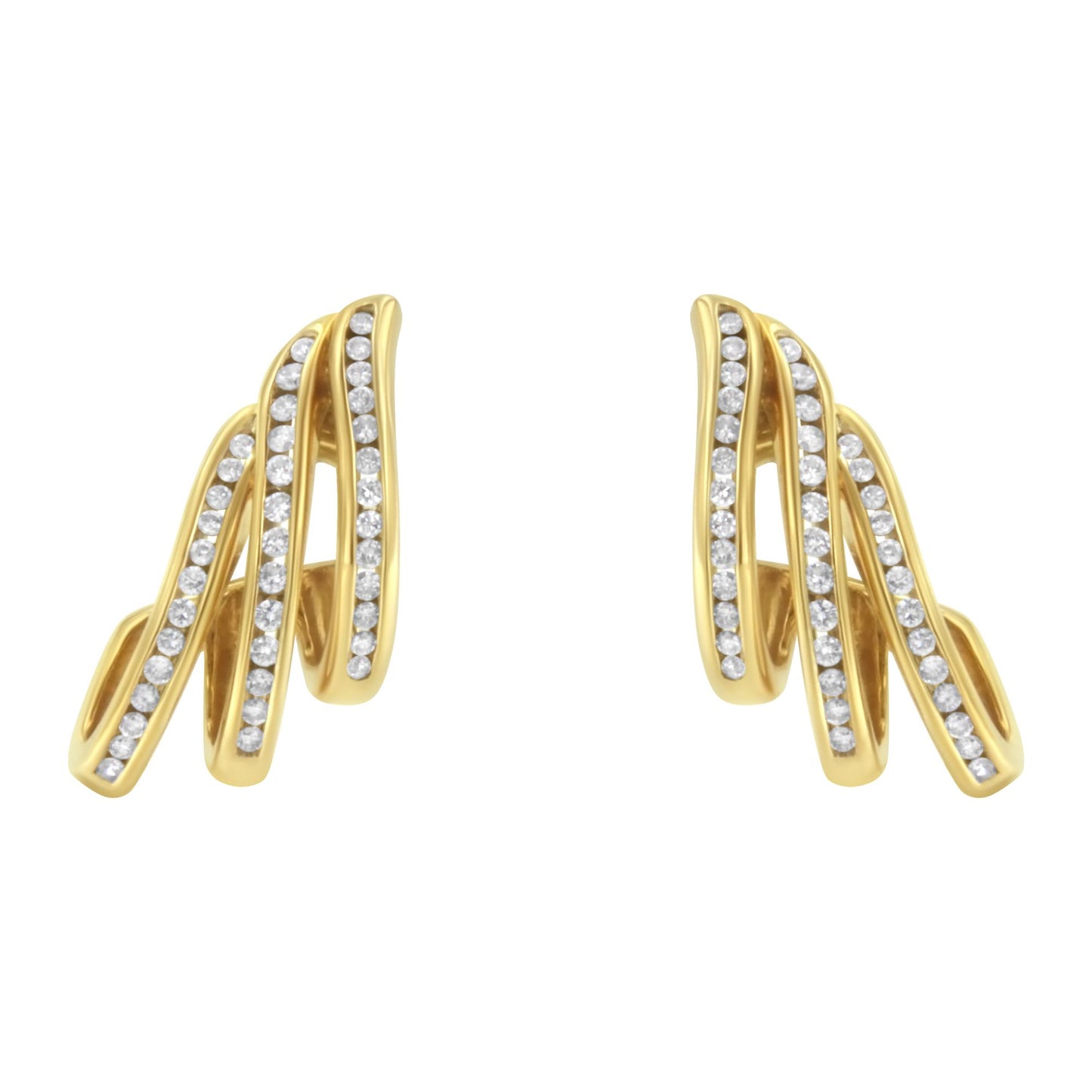 Pair of yellow earrings with curved design featuring three rows of white round gemstones in channel settings, shown from a front angle.