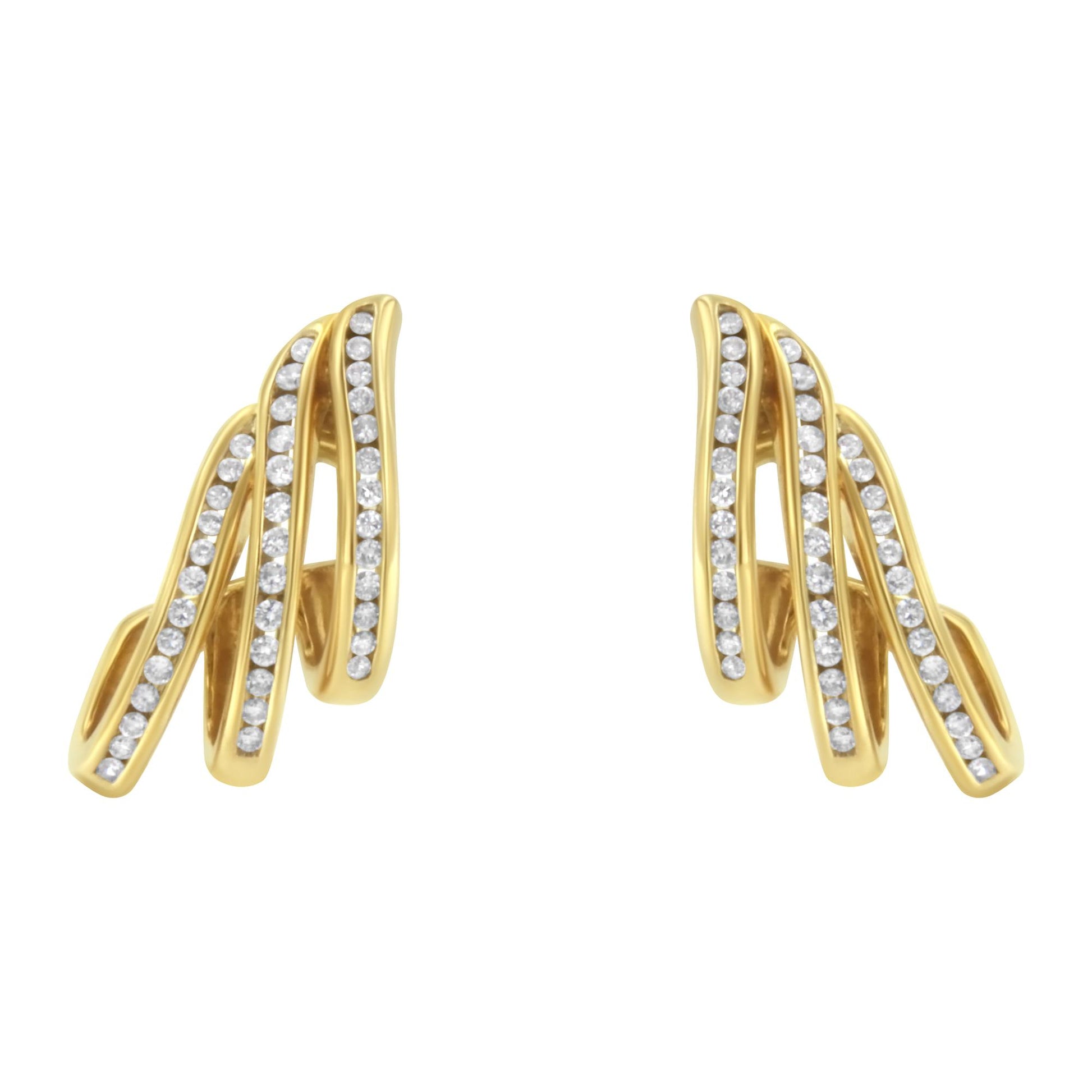 Pair of yellow earrings with curved design featuring three rows of white round gemstones in channel settings, shown from a front angle.